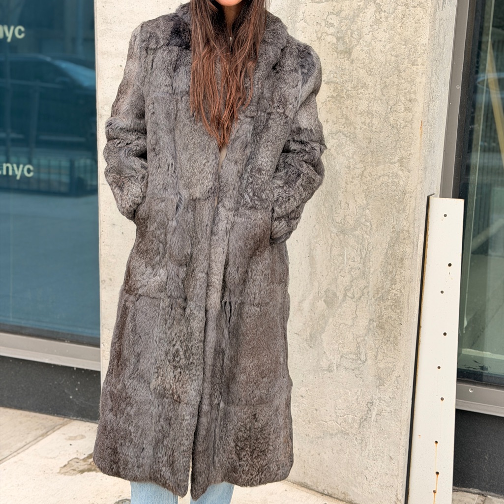 Long Grey Rabbit Fur Coat